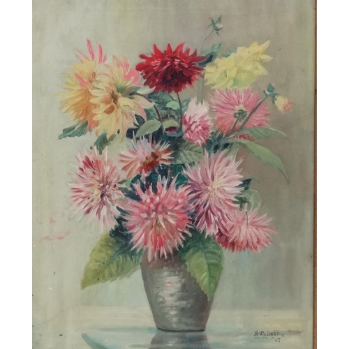 8 - E Palmer '67, Oil on canvas , Still life of Dahlias in a vase, Signed and dated lower right. 20 x 16... 