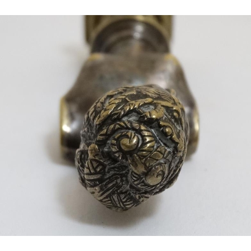 818 - A 19thC silvered brass ornate desk / hand seal in the form of an 18thC female bust on ornate fluted ... 