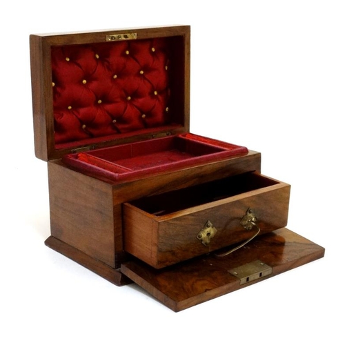 835 - A Victorian burr walnut jewellery box with drawer under and fall front. 8 5/8'' wide x 6'' high