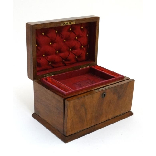 835 - A Victorian burr walnut jewellery box with drawer under and fall front. 8 5/8'' wide x 6'' high