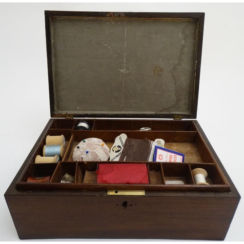 838 - A 19thC mahogany sewing / work box with lift out tray section 12'' wide 8'' deep x 4 1/2'' high