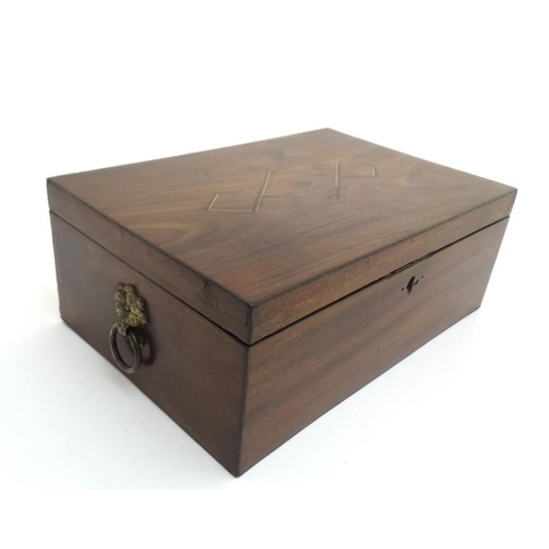 838 - A 19thC mahogany sewing / work box with lift out tray section 12'' wide 8'' deep x 4 1/2'' high