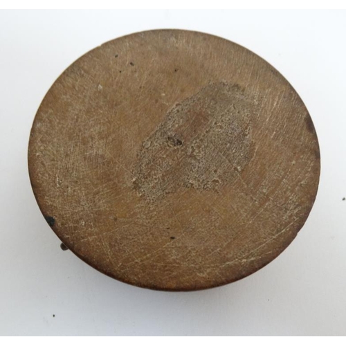 852 - An old Indian clay? spice box with inked bone? decoration of domed circular lidded form 3'' wide x 2... 