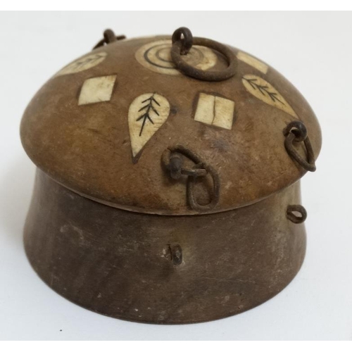 852 - An old Indian clay? spice box with inked bone? decoration of domed circular lidded form 3'' wide x 2... 