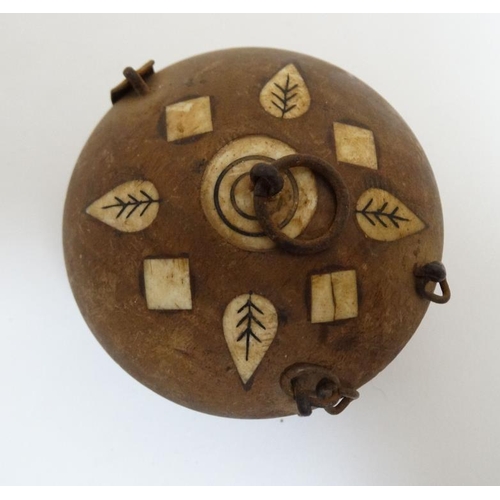 852 - An old Indian clay? spice box with inked bone? decoration of domed circular lidded form 3'' wide x 2... 