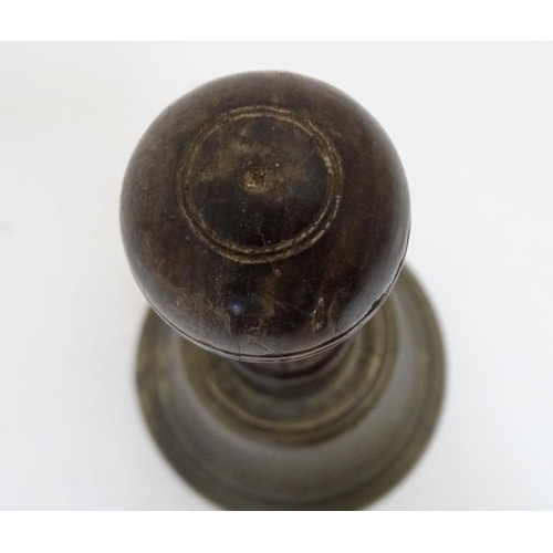 860 - An early - mid 20thC hand bell with turned hardwood handle 10 3/4'' high