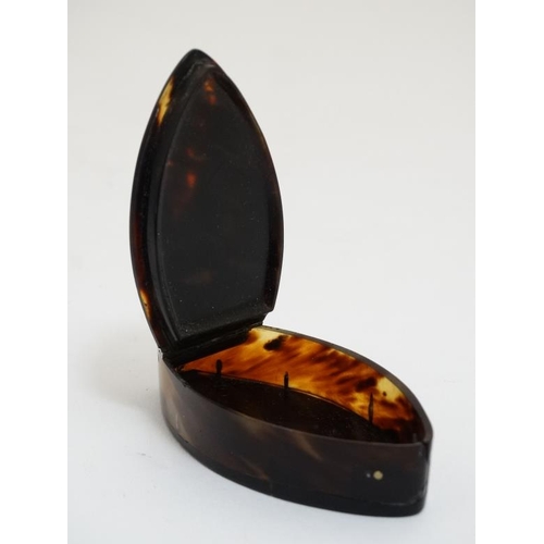 861 - An 19thC elliptical shaped 18/19C tortoiseshell and white metal inlaid hinged box 3'' long