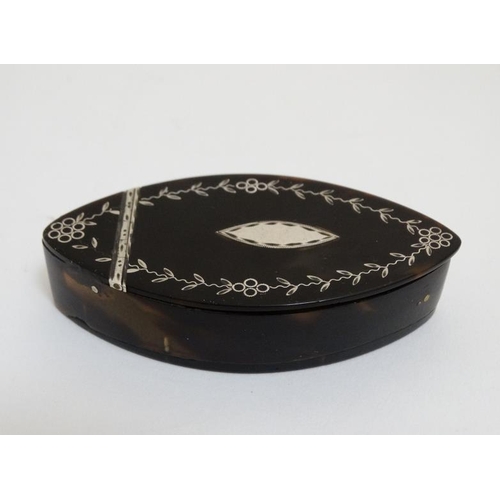 861 - An 19thC elliptical shaped 18/19C tortoiseshell and white metal inlaid hinged box 3'' long