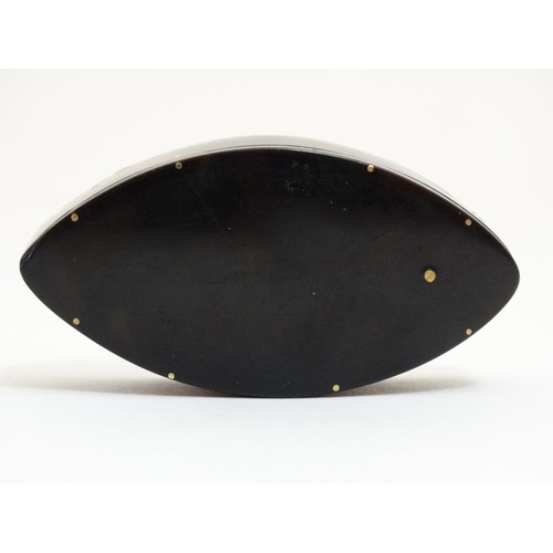 861 - An 19thC elliptical shaped 18/19C tortoiseshell and white metal inlaid hinged box 3'' long