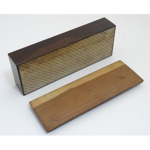 863 - Tunbridge :  A 19thC paper lined pen / pencil box with inlaid stick work to top 7'' long