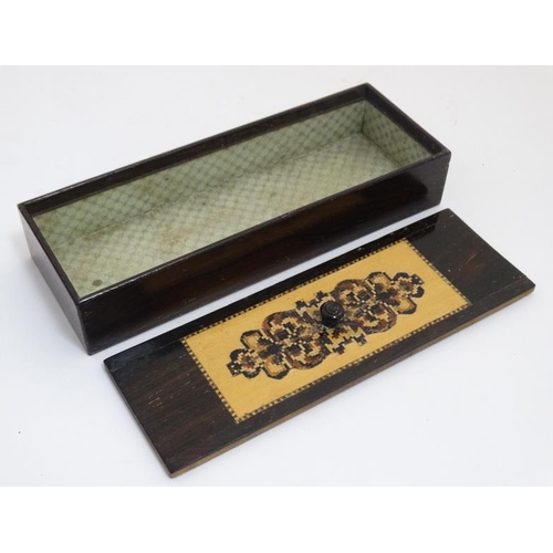 863 - Tunbridge :  A 19thC paper lined pen / pencil box with inlaid stick work to top 7'' long