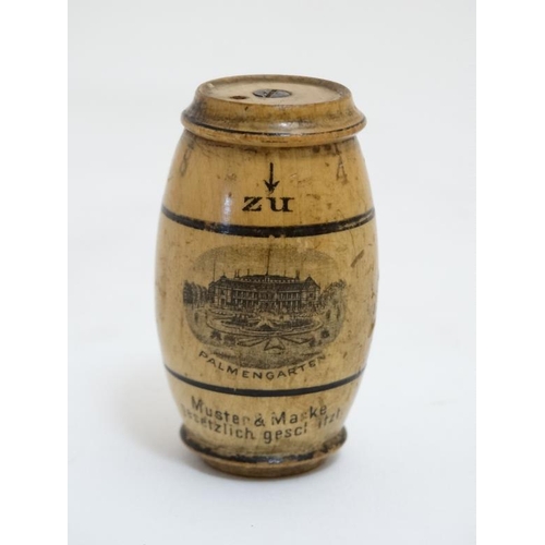 867 - Sewing / Mauchline : A German barrel shaped advertising piece ( needle case ? )  for Foucar & Bender... 