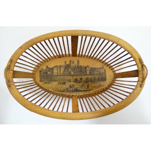 868 - Mauchline ware : An unusual 19thC small treen chestnut basket with image to base of London from Towe... 