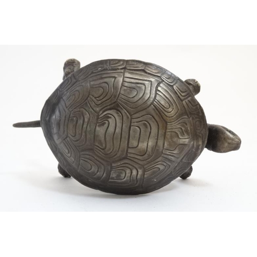 873 - A 21st cast bronze novelty table top / counter / desk bell formed as a tortoise having hinged head a... 