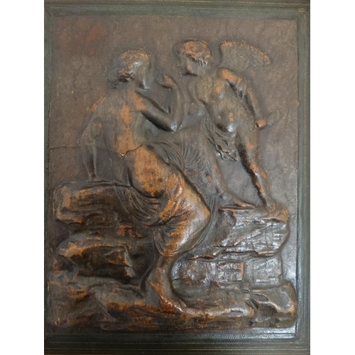 887 - A 19thC embossed leather bas relief classical scene of figure with Cupid. 10 3/4'' x 8 3/4''