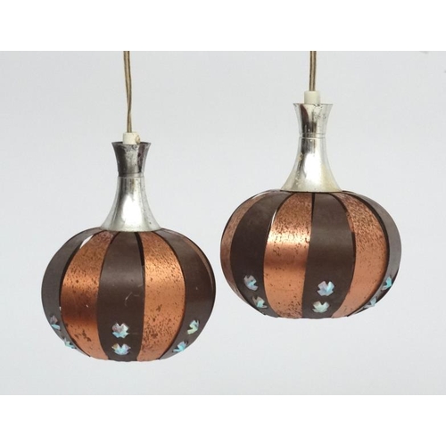 91 - Vintage Retro :  a pair of Danish Coronell Pendant lights of brown and copper banding ,in the manner... 