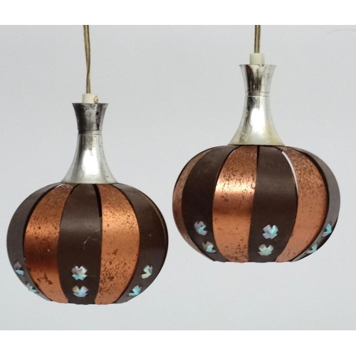 91 - Vintage Retro :  a pair of Danish Coronell Pendant lights of brown and copper banding ,in the manner... 