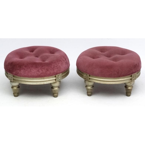 92 - Vintage Retro : a pair of mid century upholstered circular low button back four legged stools measur... 