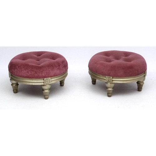 92 - Vintage Retro : a pair of mid century upholstered circular low button back four legged stools measur... 