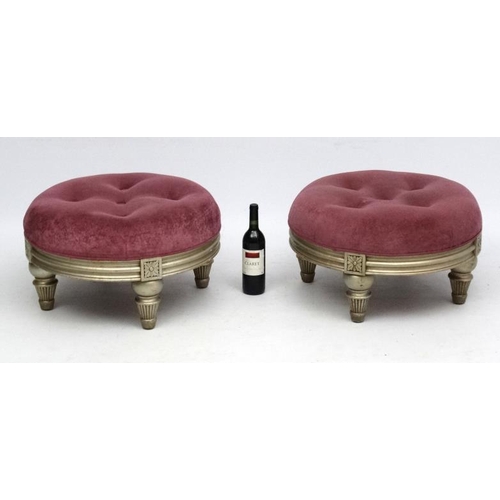 92 - Vintage Retro : a pair of mid century upholstered circular low button back four legged stools measur... 