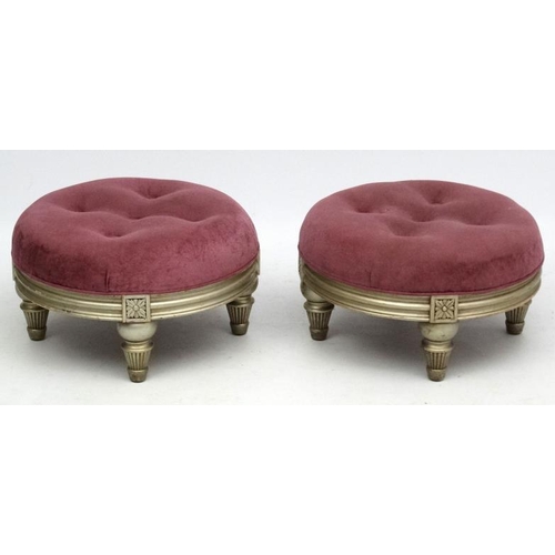 92 - Vintage Retro : a pair of mid century upholstered circular low button back four legged stools measur... 