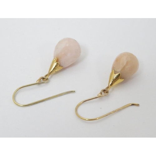 971 - A matched pair of rose quartz facet cut drop earrings . approx 1'' long overall