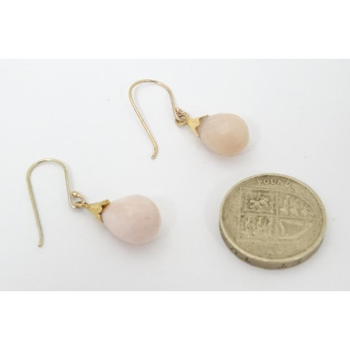 971 - A matched pair of rose quartz facet cut drop earrings . approx 1'' long overall