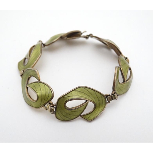 995 - Scandinavian Jewellery : A silver gilt bracelet with lime green guilloché enamel decoration. Marked ... 