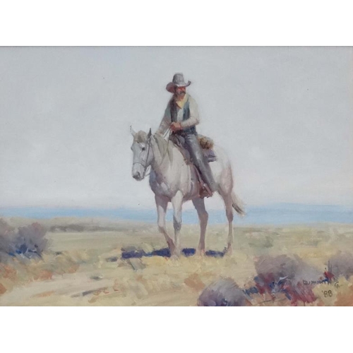 101 - Robert Pummill (1936) American, Oil on board, A Cowboy on his horse ' Looking for Strays ', Signed  ... 