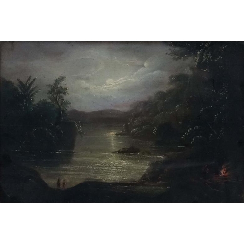 104 - Indistinctly signed XIX Latin American School, Oil on panel, Native figures in moonlit rain forest l... 