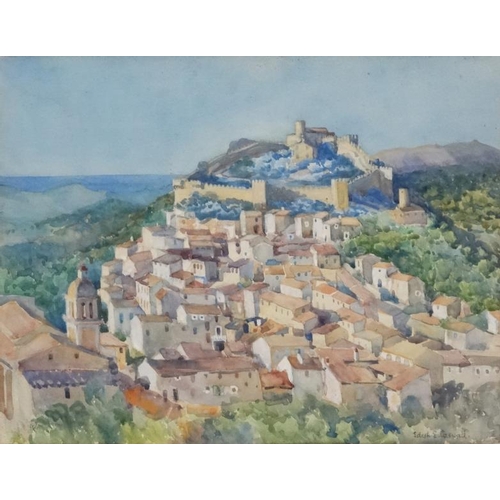 113 - Edit E Caswall (exh. 1912-34), Watercolour, Medieval picturesque village and castle on a hill , poss... 