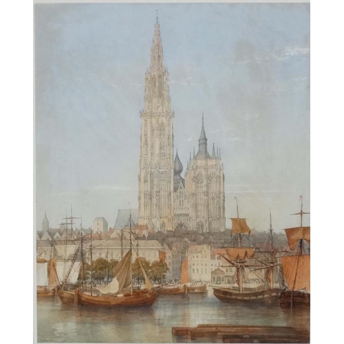 115 - John Dobbin (1815-1888) English, Watercolour and gouache, 'Antwerp' , Belgium , showing Cathedral of... 