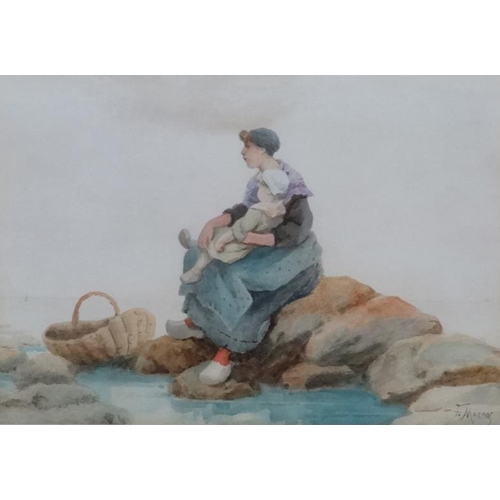 117 - Fanny Mearns ( Fl. 1870-1888 ), Watercolour, 'Waiting' Dutch mother and child waiting on the rocks f... 