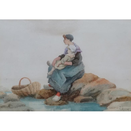 117 - Fanny Mearns ( Fl. 1870-1888 ), Watercolour, 'Waiting' Dutch mother and child waiting on the rocks f... 