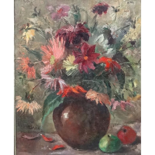 39 - Indistinctly Signed Continental School Oil on Board Still Life of flowers in a vase Inscribed Verso ... 