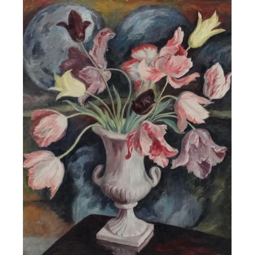 40 - Margaret Nivan ROI Early XX, Oil on canvas, Still life of ' Tulips ' in a classical shaped vase, Sig... 