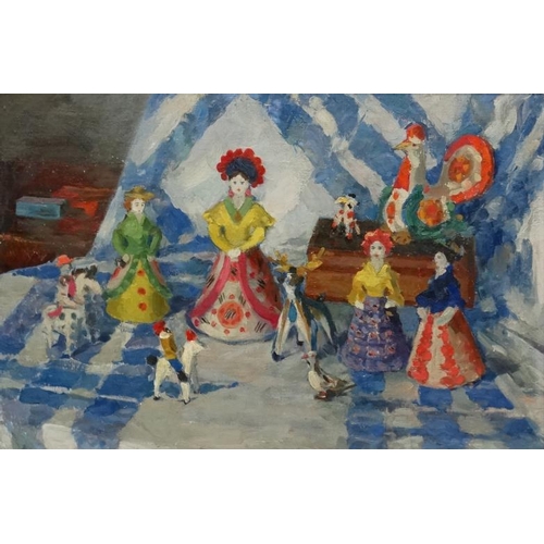 45 - Maria Alekseevna Klechar-Smokhvalova (1915-2000), Russian School.  Oil on canvas, '' Dymkovo toys ''... 