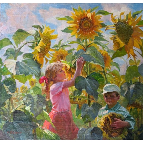 46 - Geger Anatoli Mikhailovich (b. 1937), Russian School.  Oil on canvas, ''Sunflowers'', Young children... 