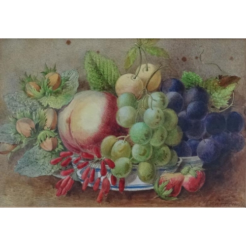 47 - H Warren 18??, Watercolour, Still life of fruit , Peach , Hazel nuts , Grapes , Cherries , Strawberr... 