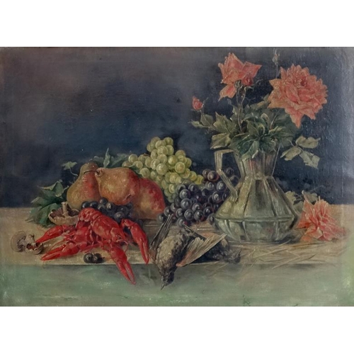 48 - Early 20thC Continental School, Oil on canvas, Still life of fruit , flowers and lobsters etc on a s... 