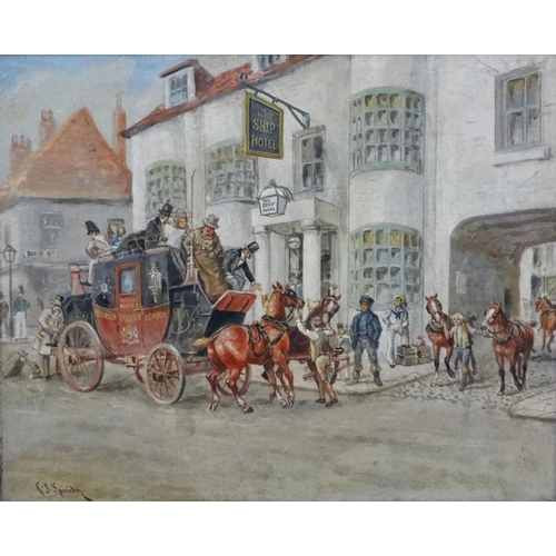 50 - George S Spiridon 1832, Oil on canvas, ' The Portsmouth , Brighton and London  Royal Mail changing h... 