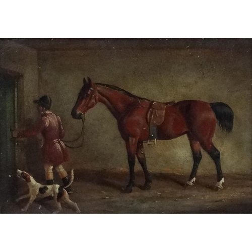 52 - XIX English Fox Hunting, Oil on an oak panel, c.1830, A Hunt Servant returns from a day's hunting wi... 