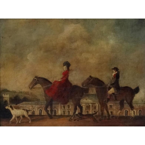 55 - Dennis C Randall  XX Naive School, Oil on canvas board, A Squire and Lady ride out with their dogs p... 