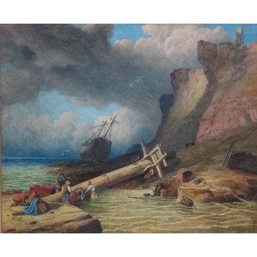 64 - Anthony Vandyke Copley Fielding (1787-1855), Watercolour, Figures surveying a wrecked sailing ship o... 