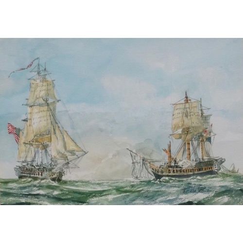 72 - FAC Mahoney XX Marine School, Watercolour and Gouache, The defeat of HMS Java against USS Constituti... 