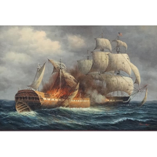 73 - James Hardy XX Maritime,  Oil on canvas laid on board, A naval sea battle during the American War of... 