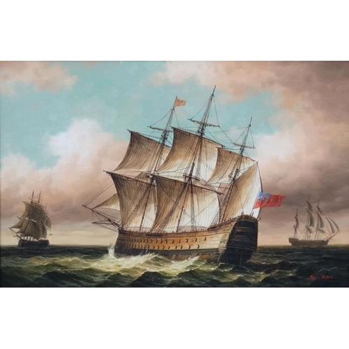 74 - James Hardy XX Maritime,  Oil on canvas laid on board, ' Going into battle ' a Warship under sail wi... 