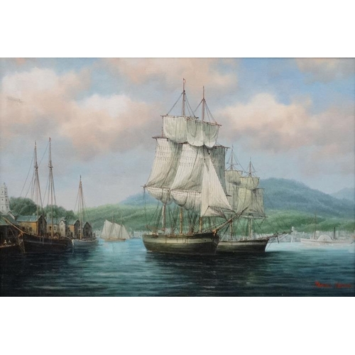 76 - James Hardy XX Maritime,  Oil on canvas laid on board, A North American harbour , moored ships and p... 