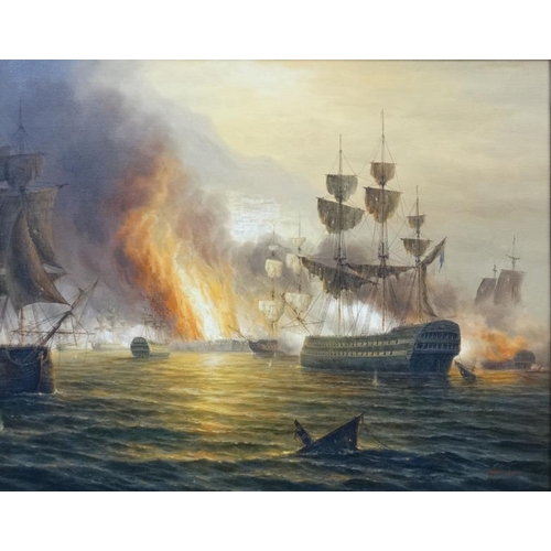 77 - James Hardy XX Maritime, Oil on canvas laid on board, A Naval Bombardment of Algiers (1816), Signed ... 