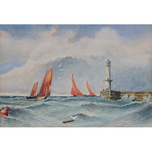 78 - K Hoogendijk 1953 Marine School, Watercolour, Sailboats off a port near lighthouse, Signed lower lef... 